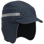 The photograph shows a navy blue winter cap made by First Base Hard Caps, with the brand and model name clearly visible. The cap is made from 3M material and features a warm ear flap design. The color is deep and rich, perfect for chilly winter days.