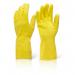 This photo features a pair of Beeswift Household Heavy Weight Yellow S HHHWS gloves. The bright yellow color stands out against a dark background, highlighting the durable material of the gloves. The gloves are designed to protect hands during household tasks and have a sturdy, heavy weight construction. Perfect for tackling any cleaning or gardening project.