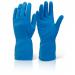 This image shows a pair of medium weight blue Beeswift household gloves. The gloves have a textured surface for improved grip and are made of durable and waterproof material. The cuffs are extended for extra protection. Overall, the gloves look reliable and suitable for household chores or light industrial work.