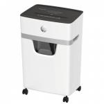 This photograph showcases an HP Home Shredder, with a P5 Micro Cut shredding capability, which can hold 10-20L of paper. The sleek and modern design features the iconic HP logo, making it a stylish and efficient addition to any home office.