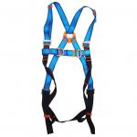 This image shows a blue Tractel Tools Kratos Full Safety Harness. It features multiple straps and buckles for secure fit, as well as a front D-ring for attaching equipment. The harness has a sleek and durable design, perfect for work or industrial use.