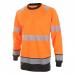 The photograph shows a bright orange and black high visibility tee shirt with long sleeves from Beeswift. It features a two-tone design and is labeled as size L.