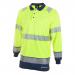 This image shows a bright yellow and navy blue long sleeve polo shirt with the brand name Beeswift High Visibility on the chest. The shirt has a two-tone design and is made of a fabric that provides high visibility. It is in size 4XL.