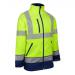 The photo shows a group of bright yellow and royal blue Beeswift high visibility jackets, with the brand name prominently displayed on the front. The jackets are made of softshell material and have a two tone design. They appear to be in size 4XL and feature the companys logo on the back. The jackets are perfect for providing safety and visibility in hazardous work environments.