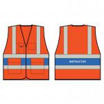 The image shows two Beeswift high visibility vests, one in bright orange and the other with an instructor back logo. These vests are designed for visibility and safety in a large size.