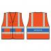 The image shows two Beeswift high visibility vests, one in bright orange and the other with an instructor back logo. These vests are designed for visibility and safety in a large size.