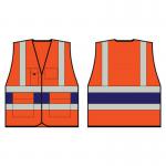 The picture shows a bright orange high visibility vest with a navy blue band on the chest. The vest is in size XXL and has the brand name Beeswift on it. It is an executive style vest, perfect for staying visible and safe in hazardous or low light environments.