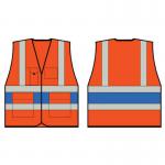 The photograph features a group of Beeswift high visibility vests, specifically an orange executive vest with a royal blue band, in size large. The vests are neatly arranged and display the companys logo prominently. The vibrant colors and reflective strips make the vests stand out, ensuring safety in low light conditions.