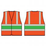 The photo shows a bright orange Beeswift high visibility vest with a green band, designed to increase visibility and safety. It features the companys logo and is sized small for a comfortable fit. This vest is ideal for working in hazardous or low light environments.