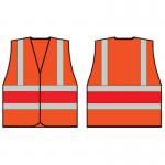 This photo shows a Beeswift high visibility orange vest with a red band, size large. The vest has reflective strips and a front zipper. It is designed to increase visibility and safety in low light conditions.