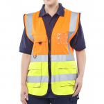 This photograph features a high-quality image of Beeswift high visibility vests in two contrasting colors, orange and Saturn yellow. The vests have an executive design and are waist-length, providing maximum visibility and safety for wearers.
