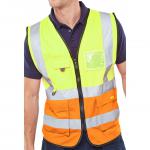 The photo shows two brightly colored Beeswift High Visibility Vests, one yellow and one orange, in size 3XL. They are waist-length and have a two-tone design. The vest has the Beeswift logo on the chest and reflective strips on the front and back.