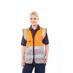 The image shows two Beeswift high visibility vests in orange and grey, with the brand name and size clearly visible. They are both in the executive waistcoat style, with a sleek and professional look. The vests have reflective striping and large front pockets for added functionality. They are sized XXL and are perfect for any high visibility work environment.