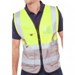 A vibrant image of two Beeswift high visibility vests in yellow and grey, with the company name and size displayed on the front. These executive waistcoats feature a sleek two-tone design and are perfect for staying visible on the job.