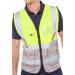 A vibrant image of two Beeswift high visibility vests in yellow and grey, with the company name and size displayed on the front. These executive waistcoats feature a sleek two-tone design and are perfect for staying visible on the job.