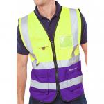 The photo captures a vibrant yellow and purple Beeswift High Visibility Vest, size 3XL. Its sleek and professional design, paired with its bold colors, make it perfect for any executive looking for maximum visibility on the job.
