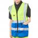 The image shows two high visibility vests from Beeswift in yellow and royal blue. The vests have a two-tone design and are in size 4XL. The vest on the left is Saturn Yellow while the one on the right is royal blue.
