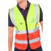 The picture shows two high visibility vests, one in yellow and one in red, from Beeswift. Both vests are executive waistcoats and are size XS. They are designed for maximum visibility and safety in the workplace.