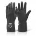 In this image, a pair of Beeswift House Hold Heavy Weight Black S 7/7.5 HWCGBLS gloves can be seen. The gloves are made of a thick, durable material and have a sleek black color. The logo of the brand, Beeswift, is visible on the gloves. They appear to be in good condition, ready for use.