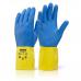 In the photo, you can see a pair of small-sized Beeswift gloves in a bi-colour design of yellow and royal blue. These heavy weight gloves are durable and perfect for various tasks.