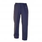 The photo shows a pair of navy blue weatherproof trousers from Hydrowear Southend. The trousers are made of Hydrosoft fabric and are waterproof. They feature a sleek design and are in size small.