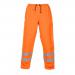 The picture shows a pair of Hydrowear high visibility trousers in bright orange color. They are made with waterproof premium fabric and are labeled with the brand name Hydrowear Neede. The trousers have a modern design and fit comfortably, perfect for outdoor work or other activities that require high visibility.
