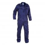 The image shows a navy blue Maastricht fire retardant boilersuit from Hydrowear, made from multi-cotton fabric with an FR coating. The coverall is in a size 40 and features the logo on the chest. It has long sleeves, a high collar, and several pockets.