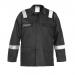 The photo shows a black Melk jacket from Hydrowear, made of flame retardant and anti-static material. The jacket is multi-layered, with a CVC fabric construction, and features the Melk brand logo on the chest. It is designed to provide protection against fire and reduce static electricity.