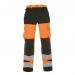 The photograph shows a pair of Hydrowear High Visibility Trousers in a vibrant two-tone orange and black color. The trousers are labeled as Hertford and are a size 42. They feature reflective strips for visibility and are ideal for work or other outdoor activities.