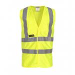 The photograph showcases Hydrowears High Visibility Vests in the Mably style, featuring flame retardant and anti-static properties. The waistcoat is in a bright Saturn Yellow color and is available in size LXL.