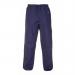 This picture shows a pair of navy blue Hydrowear Utrecht Weatherproof Trousers in a size 3XL. The trousers are made of waterproof material and feature the Hydrowear logo. They are designed to keep the wearer dry and comfortable in any weather, with a simple yet sleek design.