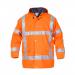 This photo features the Uitdam High Visibility Jacket by Hydrowear. The vibrant orange XL jacket is fully waterproof and has a sleek, no sweat design. The reflective strips ensure maximum visibility for safety in any weather.