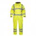 This picture shows a high visibility waterproof coverall in a bright yellow color. The brand, Hydrowear, and size, L, are visible on the label. The coverall is designed for Ureterp High Visibility Clothing and is called Simply No Sweat. Its model number is HYD072380SYL and it has a Saturn logo on it.