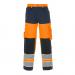 The picture features a pair of orange and navy two-tone trousers from Hydrowears Idstein collection. The trousers have a high visibility glow in the dark feature and are in size 46.