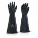 The picture shows a pair of black AlphaTec gloves, made by Ansell for industrial use. The gloves have a medium weight and are 17 inches long with a gauntlet style cuff. They are made of latex and have a sleek design.