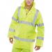 The photo features multiple high visibility jackets in a vibrant saturn yellow color. The jackets are from Beeswift and have the brands logo prominently displayed on the front. The material appears to be sturdy and the jackets are available in size 5XL. Perfect for staying visible and safe in various work environments.