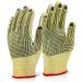 A close-up photo of Beeswift Gloves Medium Weight Dotted Sz 9 reveals a sturdy pair of reinforced gloves designed to protect your hands during heavy-duty tasks. The vibrant yellow color and dotted pattern add a touch of style to these functional gloves.