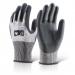 The photograph shows a pair of Beeswift nitrile coated gloves in size large with a black micro foam nitrile cut. The gloves have a smooth texture with a shiny finish and are designed for comfort and flexibility. The intricate stitching and reinforced design ensure durability and protection.