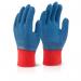 This photograph shows a pair of blue Beeswift gloves with a latex coating, specifically the FC Gripper Glove in size XL-10. The gloves have a textured surface for improved grip and are designed to protect the wearers hands during various tasks.