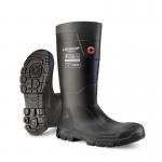 This image shows a pair of black Dunlop PUROFORT FIELDPRO FULL SAFETY boots, size 09 (EU43). The boots feature a durable design with a thick sole and reinforced toe cap for maximum protection. The Dunlop logo is prominently displayed on the side of the boots.