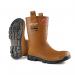 The picture features a pair of durable and stylish Purofort Rigger Boots by Dunlop. These full safety boots are fur-lined and come in a sleek tan color. The size is 06.5 for a comfortable fit. Perfect for any tough job or outdoor adventure.
