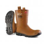 This photo features a pair of Purofort Rigger Boots by Dunlop. The boots are in a tan color and are fully safety-rated with a fur lining. They are designed with the Rigpro technology for durability and protection in rugged work environments.