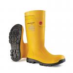 This picture features the Purofort Fieldpro Steel Toe Cap Full Safety Wellington Boot Yellow in size 10 (EU 44). The boot is made by Dunlop and is part of their Purofort Footwear line. It has a bright yellow color and a sturdy steel toe cap for maximum protection.