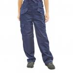 The photograph shows a pair of navy blue Beeswift ladies trousers made from polycotton fabric. The trousers are size 24 and have a comfortable fit for everyday wear.