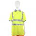The photo shows Beeswift High Visibility Polos for women in size large, with bright yellow fabric and short sleeves. The brand name and product name are visible on the front.