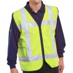 In the photo, a bright yellow high visibility vest with reflective strips is shown. The vest has a front light attached and pockets on the chest. It is labeled as a Saturn Yellow L/XL size.