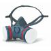 In the picture, there is a Moldex 7122 A1P2 half mask, designed to fit comfortably on the face. It is made of a durable material and has two filters attached to it. The mask has a black strap that goes around the head and a white body with the Moldex logo printed on it.