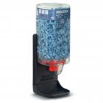 This picture shows a row of blue Moldex ear plug dispensers, specifically the 7859 Spark Detectable Dispenser, with a capacity of 500 plugs. The dispensers have a clear front to easily see the contents, and have the Moldex logo printed on the top.