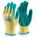 This image features a pair of Beeswift multi-purpose gloves, with a bright green latex palm coating. The gloves are size small and are labeled as MP1GS. The focus is on the gloves, with a plain background.