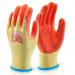 The photo shows a pair of thick, orange gloves with a latex-coated palm. The Beeswift logo is displayed on the back of the hand. The gloves are extra-large in size and suitable for various purposes.